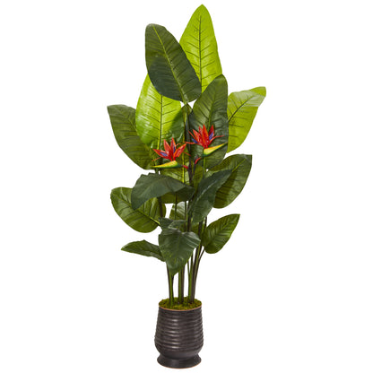76” Bird of Paradise Artificial Plant in Ribbed Metal Planter (Real Touch) - Decor Addict, LLC