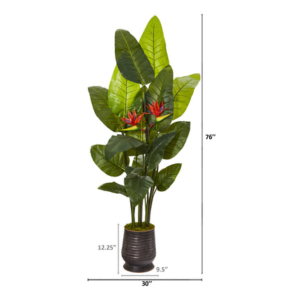 76” Bird of Paradise Artificial Plant in Ribbed Metal Planter (Real Touch) - Decor Addict, LLC