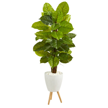 60” Large Leaf Philodendron Artificial Plant in White Planter with Stand (Real Touch) - Decor Addict, LLC