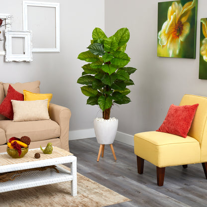 60” Large Leaf Philodendron Artificial Plant in White Planter with Stand (Real Touch) - Decor Addict, LLC