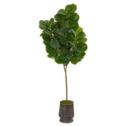 74” Fiddle leaf Fig Artificial Tree in Ribbed Metal Planter - Decor Addict, LLC