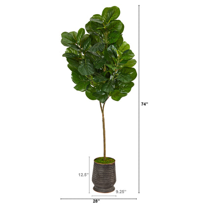 74” Fiddle leaf Fig Artificial Tree in Ribbed Metal Planter - Decor Addict, LLC