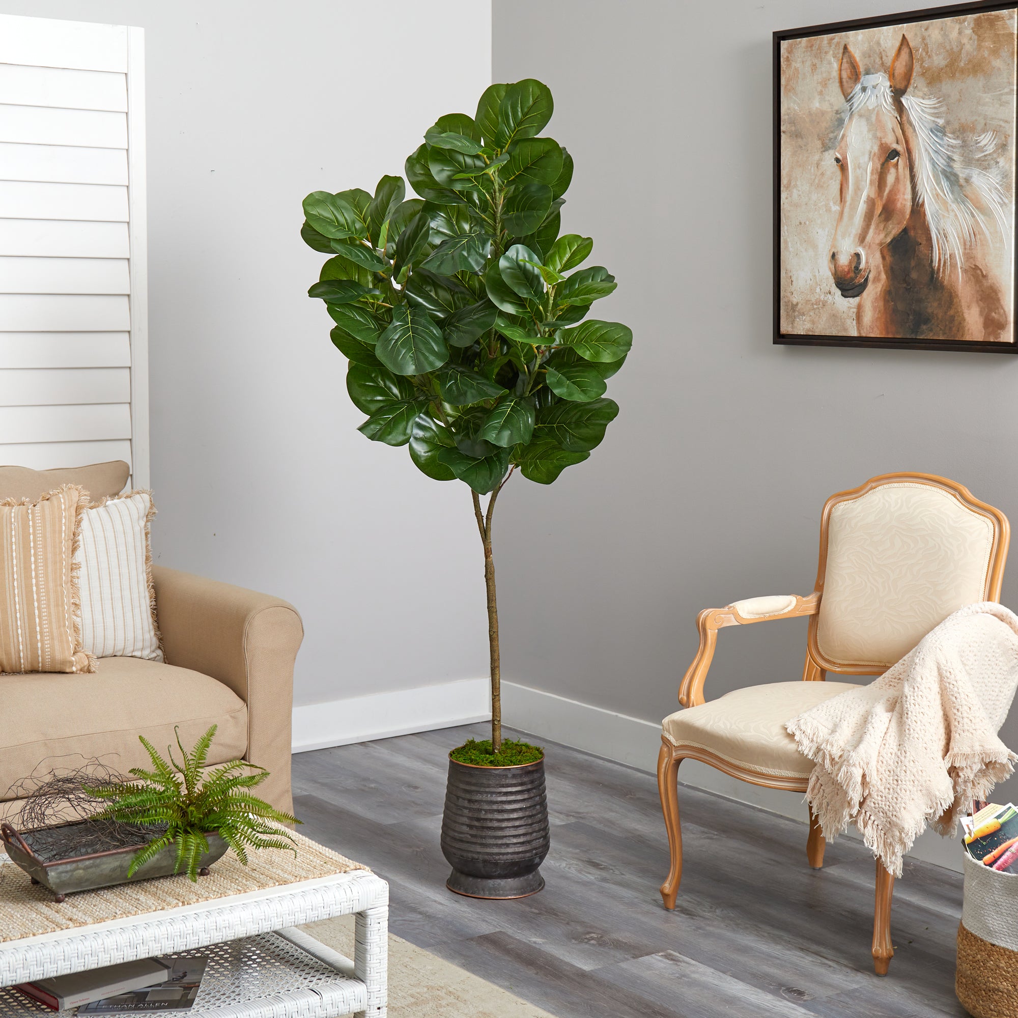 74” Fiddle leaf Fig Artificial Tree in Ribbed Metal Planter - Decor Addict, LLC