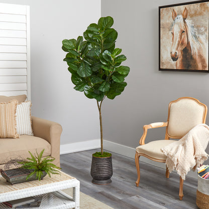 74” Fiddle leaf Fig Artificial Tree in Ribbed Metal Planter - Decor Addict, LLC