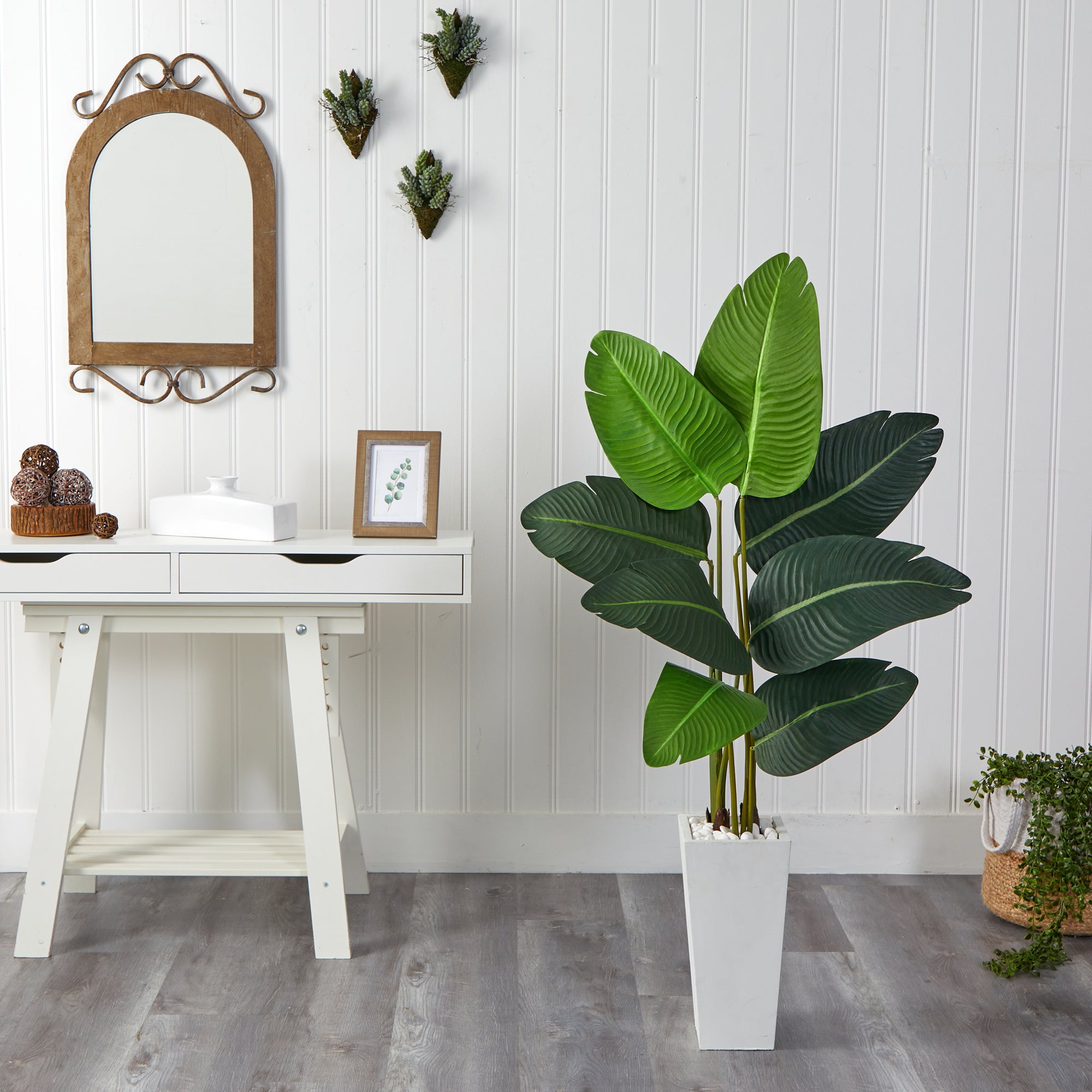 4.5’ Travelers Palm Artificial Tree in White Planter - Decor Addict, LLC