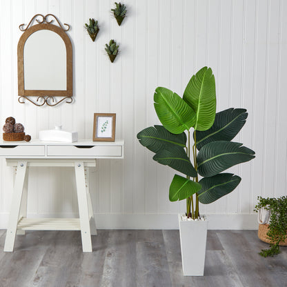 4.5’ Travelers Palm Artificial Tree in White Planter - Decor Addict, LLC