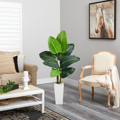 4.5’ Travelers Palm Artificial Tree in White Planter - Decor Addict, LLC