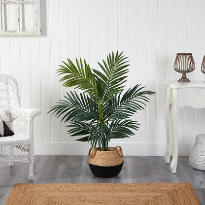 4' Kentia Palm Artificial Tree in Boho Chic Handmade Cotton & Jute Black Woven Planter - Decor Addict, LLC