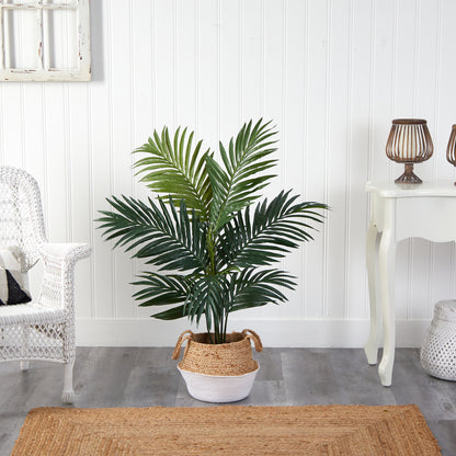 4' Kentia Palm Artificial Tree in Boho Chic Handmade Cotton & Jute White Woven Planter - Decor Addict, LLC