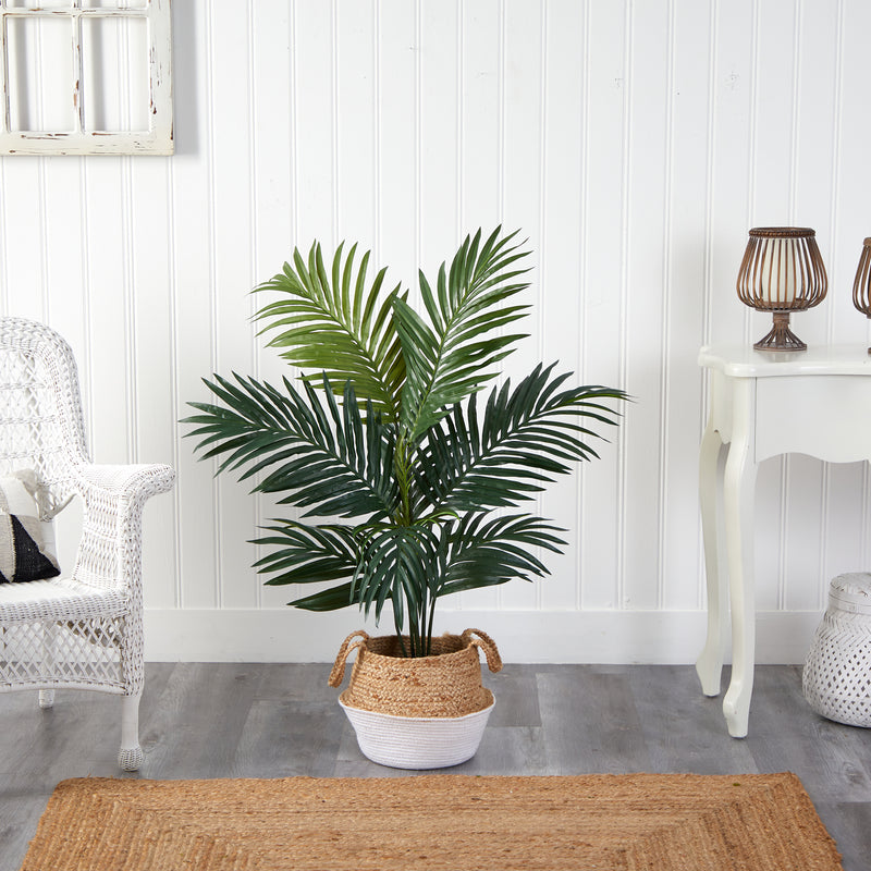 Árbol artificial de palma Kentia de 4 pies en maceta tejida blanca de algodón y yute hecha a mano Boho Chic
