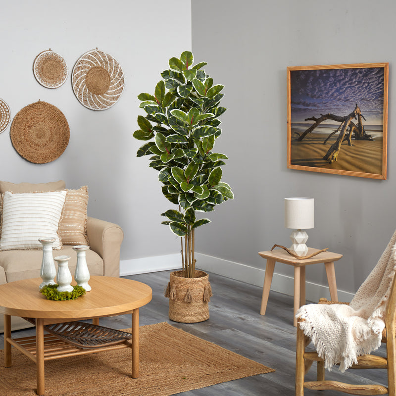 6’ Oak Artificial Tree in Handmade Natural Jute Planter with Tassels UV Resistant (Indoor/Outdoor)