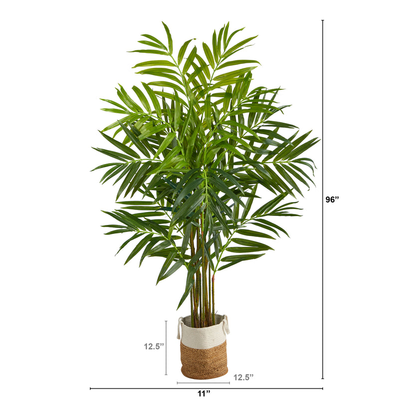 Árbol artificial King Palm de 8 pies con 12 ramas flexibles en yute natural hecho a mano y macetero de algodón
